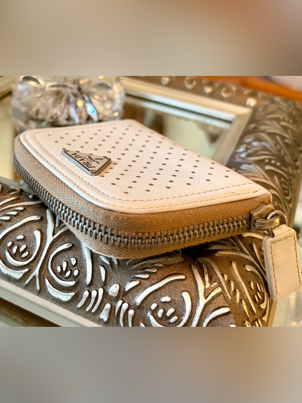 EUC! PRADA Ivory/cream perforated compact wallet. Stunning condition/$ Firm - Picture 9 of 9